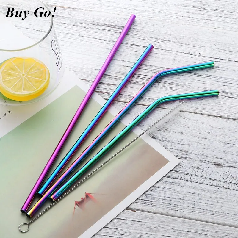 Reusable Stainless Steel Straws Eco Friendly Metal Drinking Straws Long Rainbow Bent Straight Straw Set Bar Cocktail Accessories