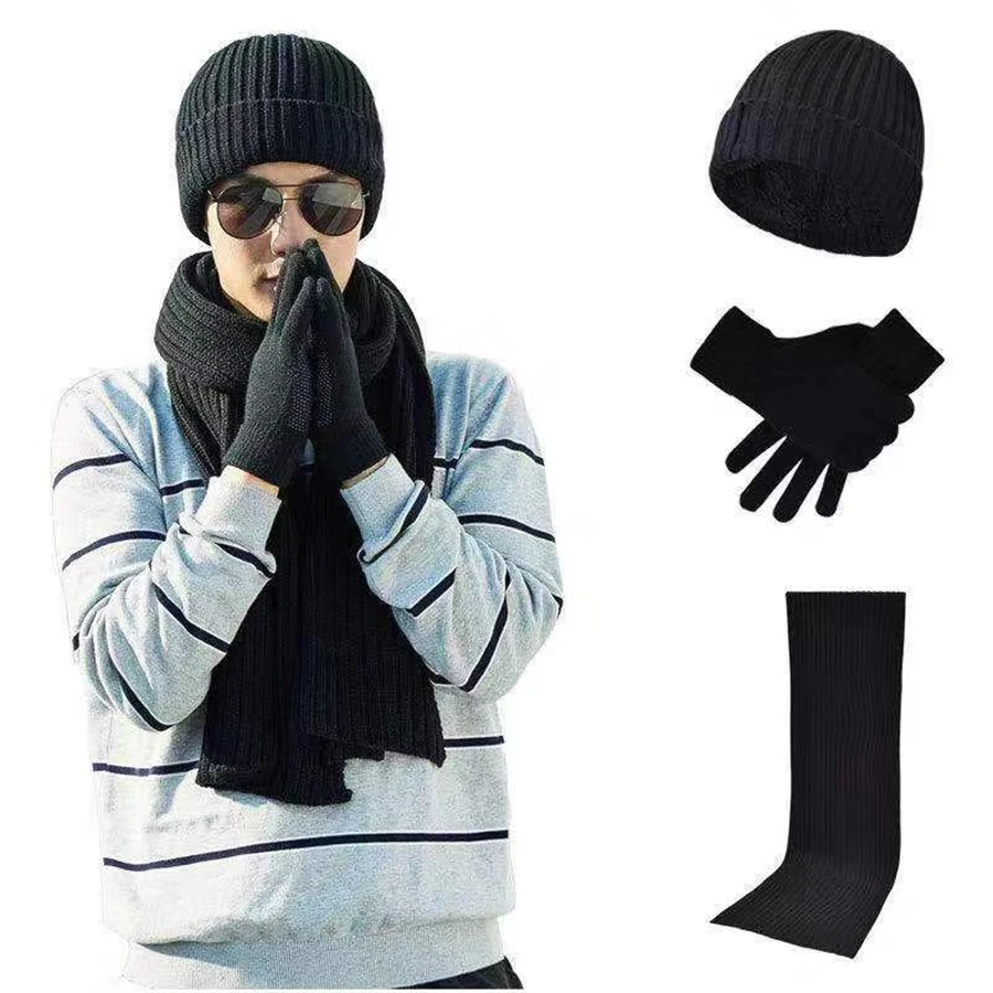 Brand New Winter Hat Men Women Skullies Beanies Hats With Touch Screen Gloves and Scarves Unisex Outdoor Warm Hat Riding Sets 3