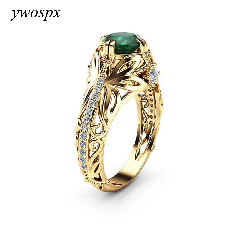 

YWOSPX New Luxury Green Crystal Zircon Gold Color Leaf Rings for Women Anillos Jewelry Wedding Engagement Ring Bijoux Gift Y40