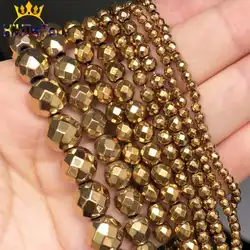 Natural Faceted Gold Plated Hematite Stone Beads Loose Spacer Bead For Jewelry Making DIY Bracelet Accessories 2/3/4/6/8/10mm