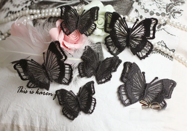 

20pcs 4.8x4cm/5.5*6.7cm wide black ivory 3D butterfly organza embroidery lace appliques patches L14M50