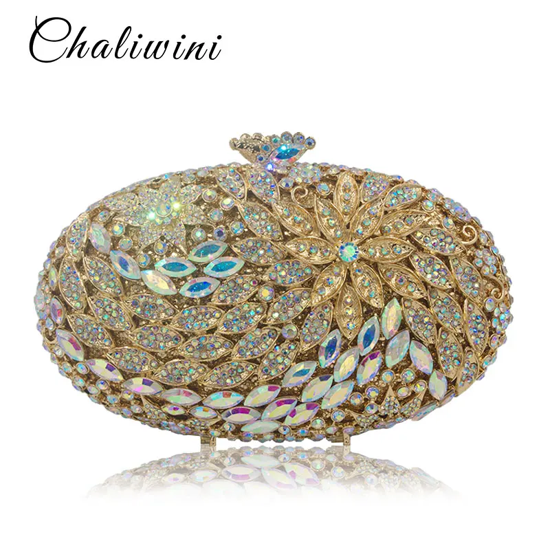 

Chaliwini Glitter Crystal Women Metal Clutches Flower Minaudiere Handbags Purses Diamond Evening Wedding Cocktail Clutch Bag