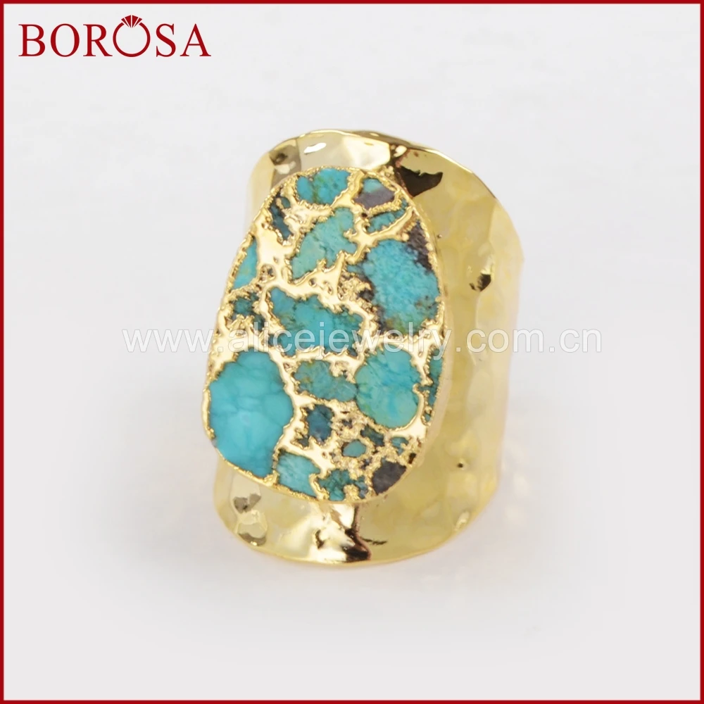 BOROSA Golden Color Druzy Natural Blue Stone Band Ring Fashion Turquoise Rings for Women As Gift Wedding Jewelry Accessories