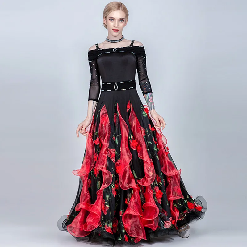 Off Shoulder Black Three-Dimensional Flowers Ballroom Dance Dresses For Woman Dance Costume Waltz Dress Modern Dance Wear Waltz