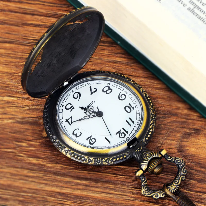 Embossed Running Steam Train Pocket Watch Chain Bronze Metal Dress Casual Men Women Fob Watch Antique Fashion