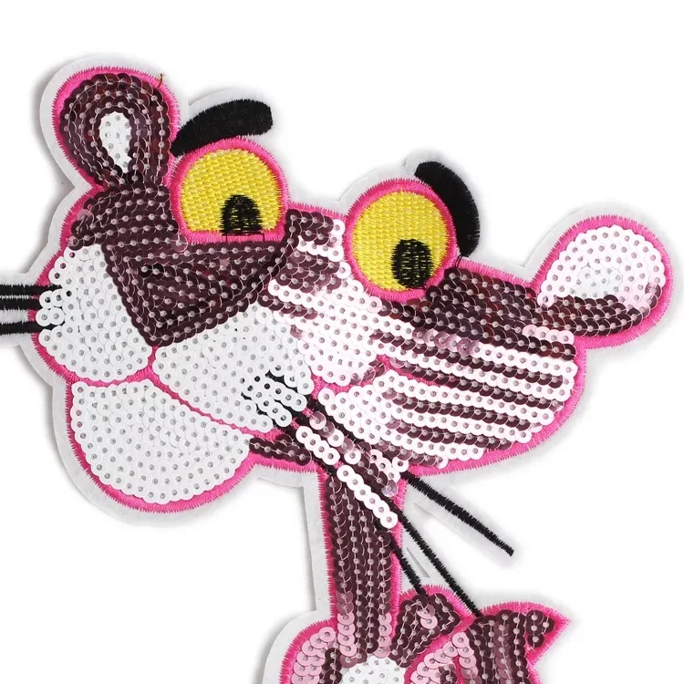 New Arrival Pink Leopard Sequined Patches for Clothes Bags Sew on Garment Accessory Large Cartoon Animal Sequins Patch