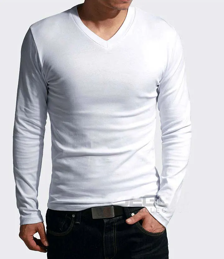 2024 Elastic Mens T-Shirt V-Neck Long Sleeve Men T Shirt For Male Big Size Lycra And Cotton TShirt Business Man Tees