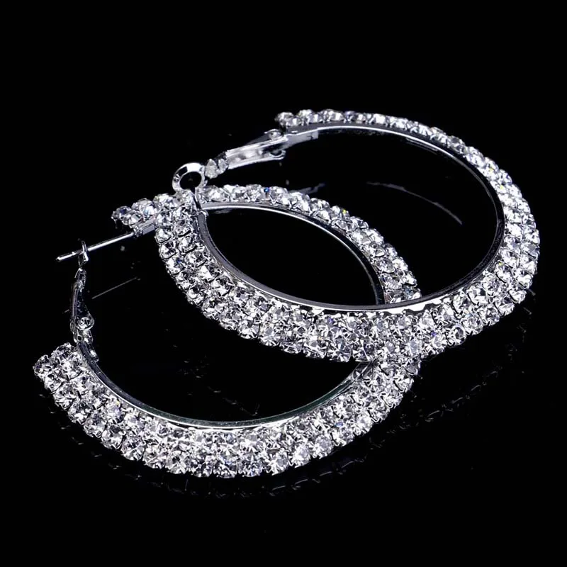 TREAZY Fashion Women Jewelry Silver Plated 40MM 2Rows Diamante Rhinestone Crystal Earrings Round Hoop Earrings Wedding Jewelry