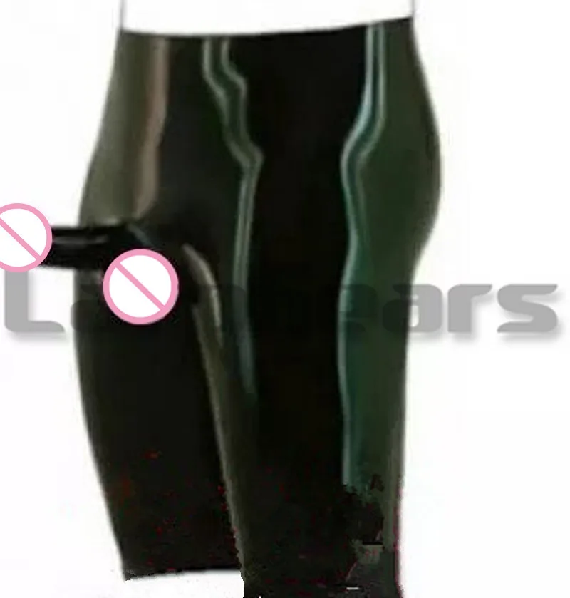 New Black Latex Long Leg Boxer Shorts With Penis Sheath Anal Condom Rubber Briefs Underwear Bottoms Pants