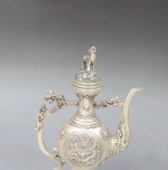 China collection archaize white copper dragon wine pot craft statue