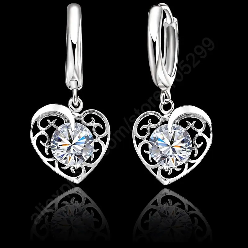 Shining CZ Jewelry Sets 925 Sterling Silver Needle Cubic Zirconia Heart Necklace Hoop Earrings Lever Back Wedding Birthday Gift