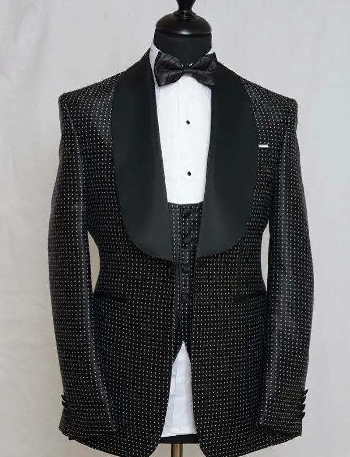 

High Quality One Button Black Polka Dot Groom Tuxedos Shawl Lapel Groomsmen Mens Wedding Prom Suits (Jacket+Pants+Vest+Tie)NO:50