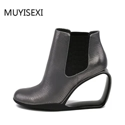 Autumn Boots For Women Hollow out Heel Women Ankle Boots Slip On Wedges Black Boots Women Genuine Leather HL109 MUYISEXI