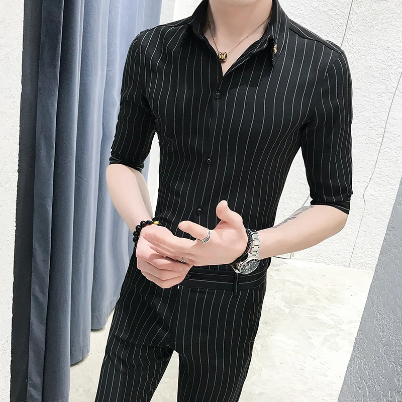 Striped Shirts Pants 2019 Summer  2 Pcs Sets Social Mens Clothing Mens Office Dress Black Ensemble Hommes White Smocking Elegant