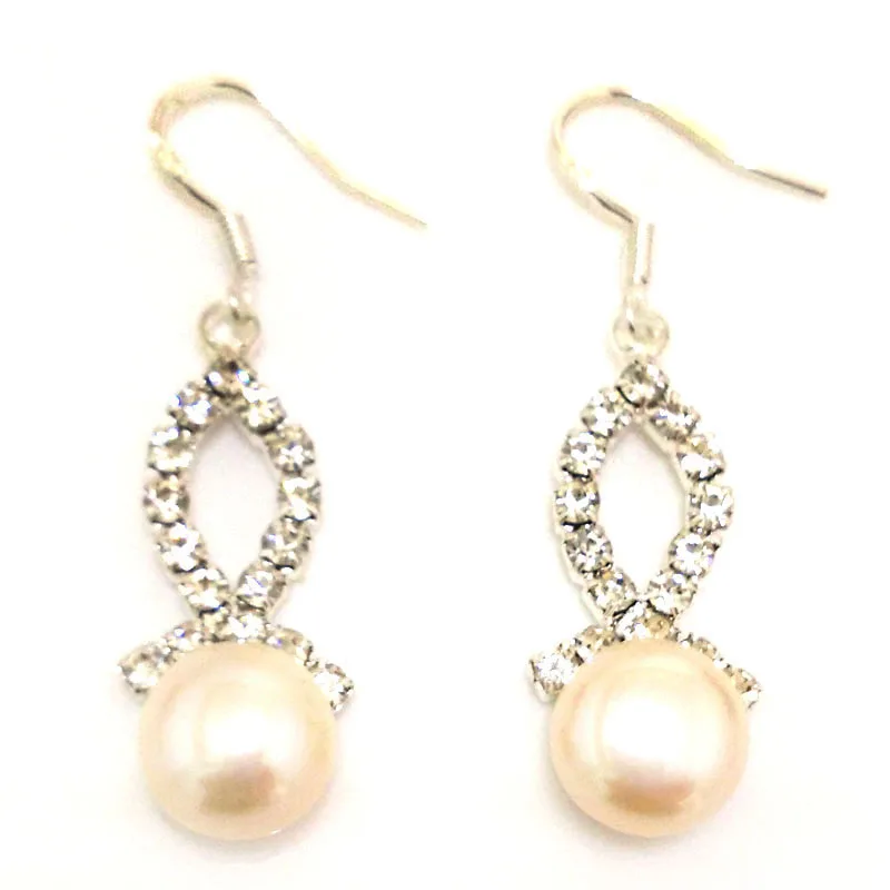 1.5 inches Zirconia 10-11mm Natural Pink Button Pearl Hook Earring with 925 Silver Hook