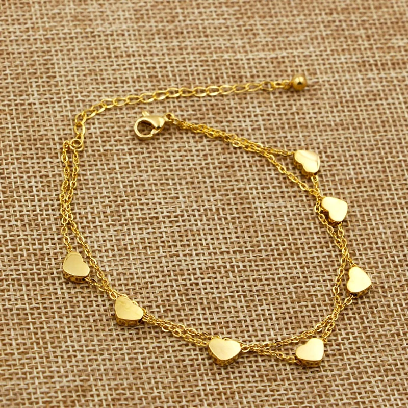 SuperLovelySevenHeartsRoseGoldColorDoubleChainAnkletTitaniumSteelAntiAllergicAnkletJewelryWomanKidBestGift