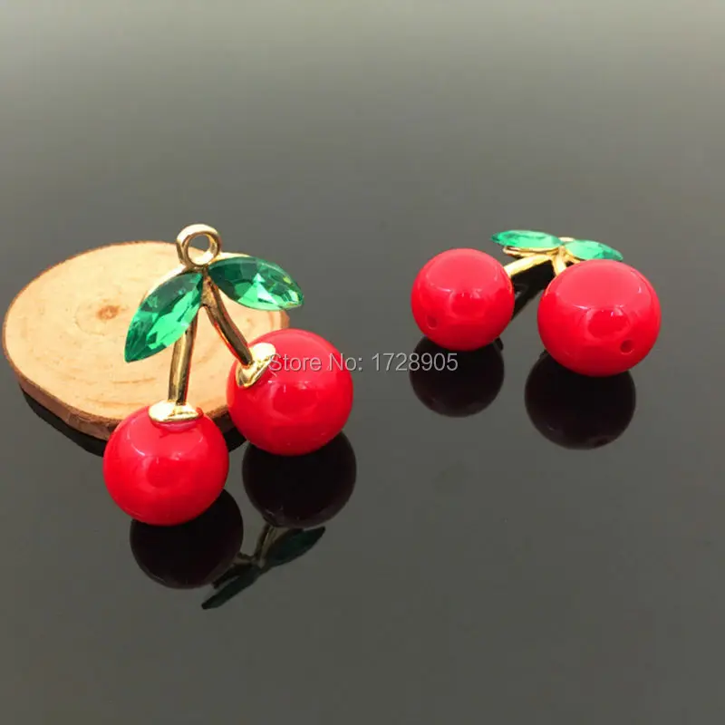 Vintage Red Cherry Charm Pendants with Green Crystal 10pc Big 43mm Alloy Pendant for DIY Necklaces Bracelets Jewelry Accessories