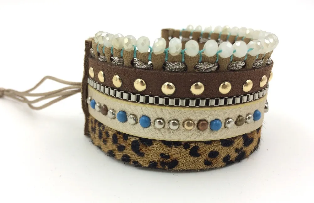 2015 New Leopard European Jewelry Suppliers leather Bangle wrap bracelet Horsehair punk crstal bracelet  for women girl