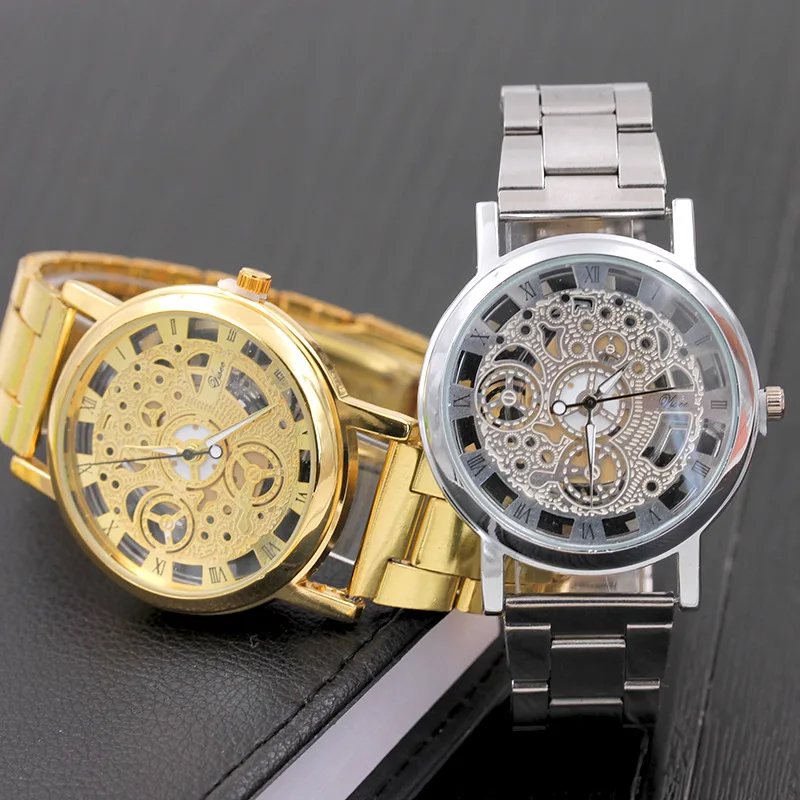 

Fashion Mens Watches Golden Stainless Steel Band Casual Quartz Watch For Men Business Wristwatch Engraving Hollow reloj hombre