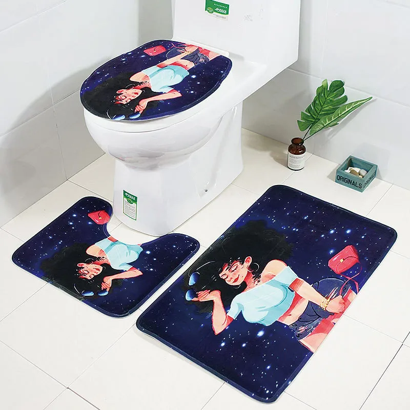 3PCS Flannel Toilet Floor Mat Set Anti-Skid Bathroom Carpet with personality girl HD printing Toilet Cover and floor Rugs set