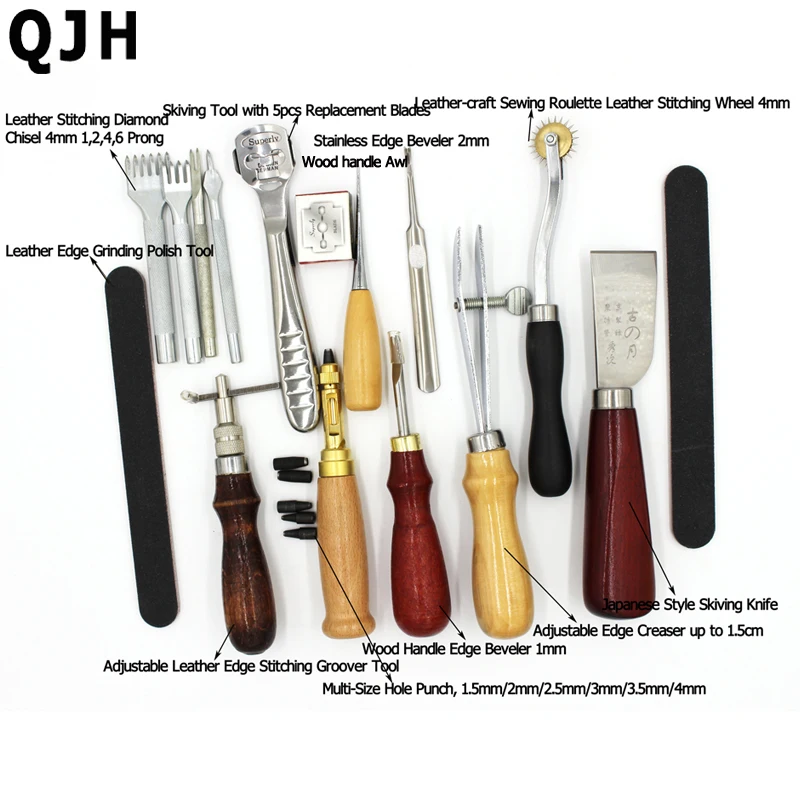 QJH 15 pieces Leather Tools Set Handmade Tools Punch Thread Taper Edge Cutting Drilling Kit leather tools stamp