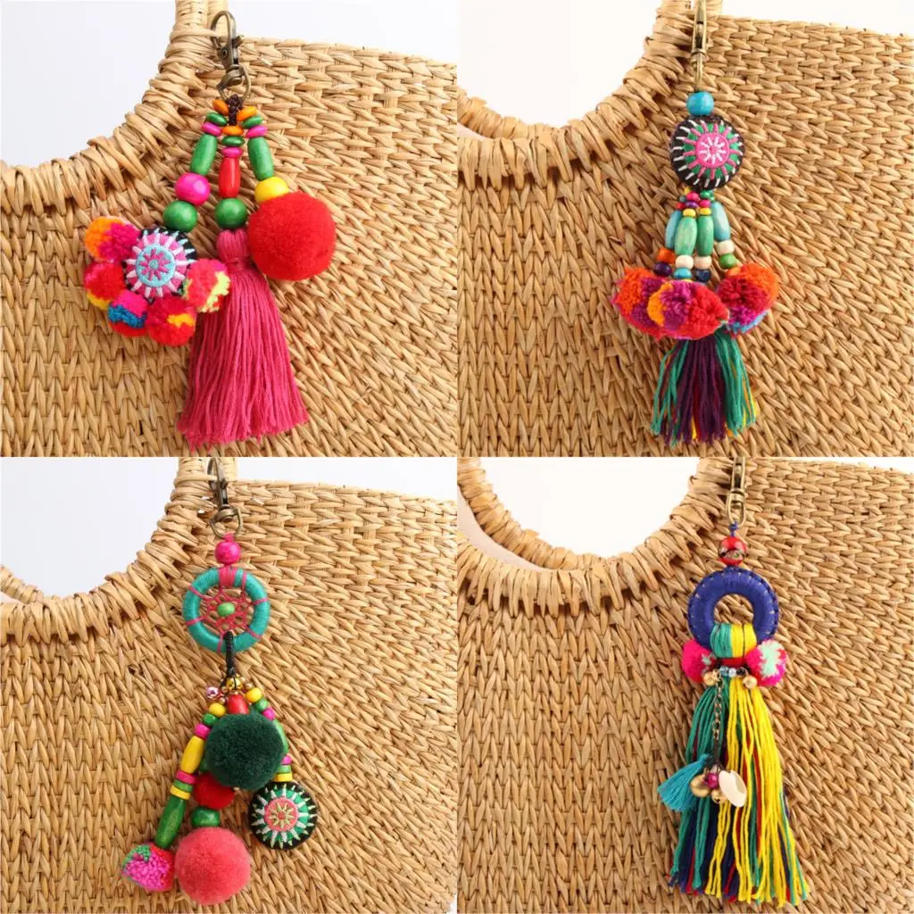 1pc flor encantos chaveiros contas de madeira com pompom keyring colorido jóias boho estilo