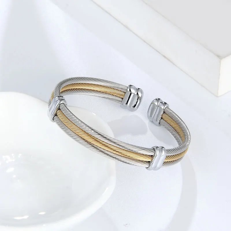 Adjustable Size Three-row Cable Bangle For Women Top Quality Stainless steel Women Jewelry Gold And Silver Color Bracelet