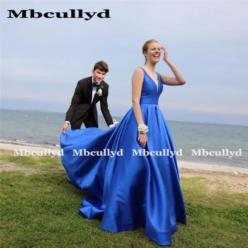 Mbcullyd A-Line Royal Blue Satin Prom Dress with Pockets Long 2023 Cheap vestido de fiesta Formal Floor Length Dress Party Gowns