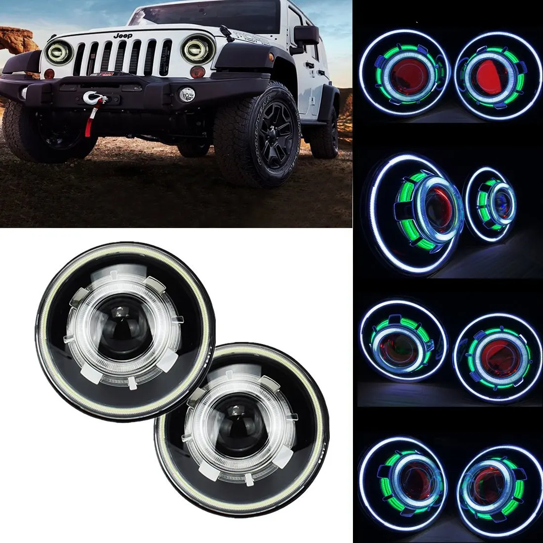 

7 Inch LED Headlights,LED Projector Headlights with Halo, Angel Eye, Demon Eye Headlights auto products Lantsun