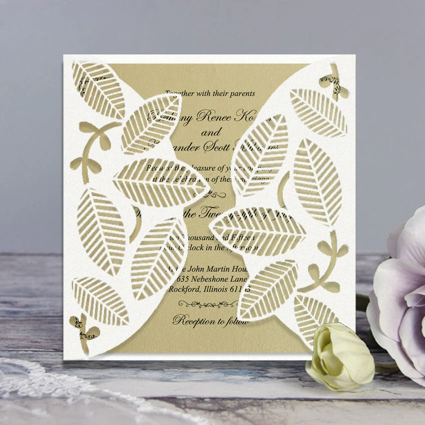 Laser Cutting White Wedding Invitation with Gold Invitation Card Leaf Design - Set of 50 pcs