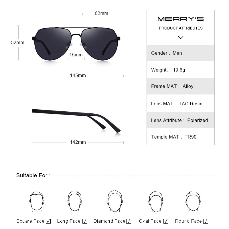 MERRYS DESIGN Men Classic Pilot Sunglasses Aviation Frame HD Polarized Sunglasses For Driving TR90 Legs UV400 Protection S8188