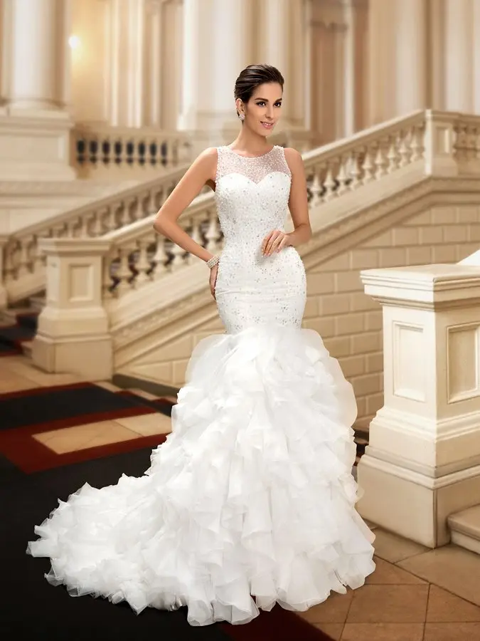 2024 Beaded Jewel Button Mermaid Wedding Dress Vestidos De Noiva Plus Size Bride Ruffles African Gowns Bridal