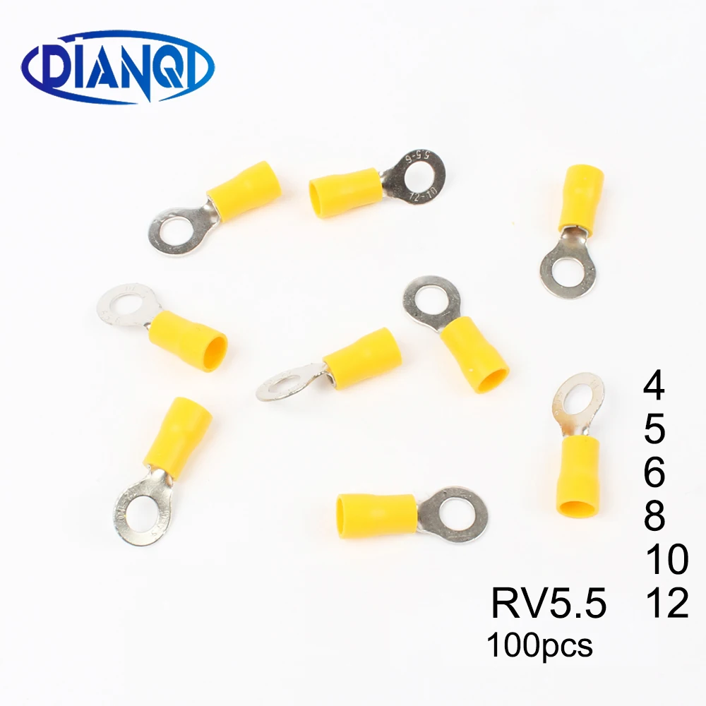 DIANQI RV5.5-4 5 6 สีเหลืองแหวนฉนวนขั้วสาย Crimp Terminal ชุด 4-6mm2 สายเชื่อมต่อสายเคเบิล 100 ชิ้น/แพ็ค