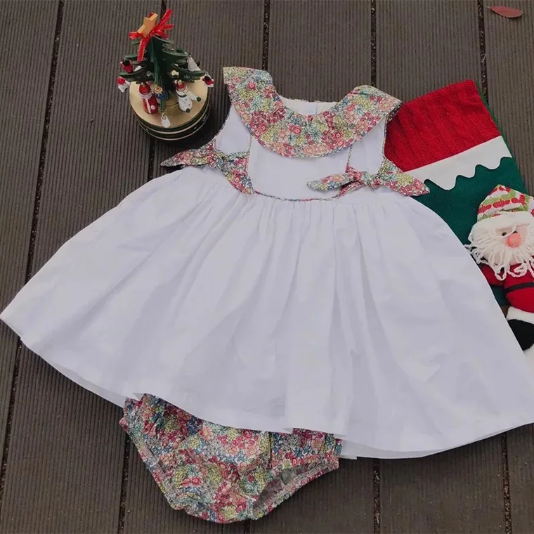 2PCS Baby Girls Summer Vintage Spanish Floral Flower Bow Princess Dress with Pants White Casual Dress for Baby Girls 100% Cotton