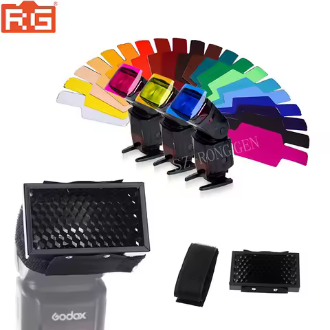 20 Color Photographic Color Gels Filter Card + Honeycomb Grid Filter for Canon Nikon Pentax YONGNUO Godox Speedlite Flash