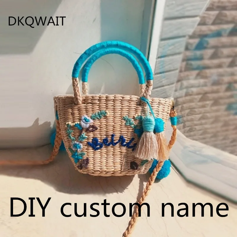 DIY Custom letters Women Straw Handbag Fashion Flower Hit Color Shoulder Bags Shoulder Bag Large Big Letter Tassel Straw Beach