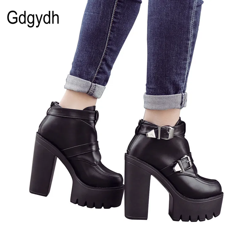 Gdgydh Drop Shipping primavera autunno donna stivali tacchi alti piattaforma stivaletti femminili fibbia moda scarpe da donna in pelle nera