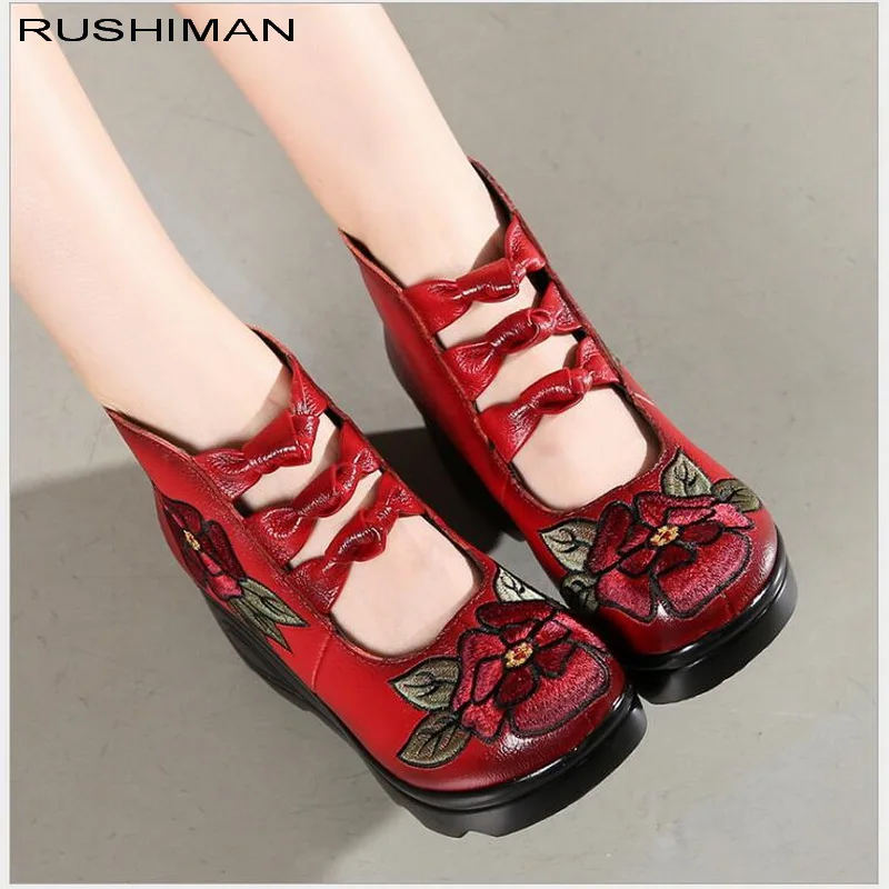 2021 New Arrival Women Genuine Leather Women Flats Platform Shoes Ethnic Style Embroidery With Zip Casual Ladies Loafers Shoes