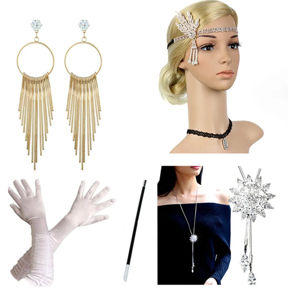 1920S Vrouwen Great Gatsby Flapper Kostuum Oorbel Veer Hoofddeksel Set Cosplay Party Accessoire Hoofdband Kit Gangster Meisje