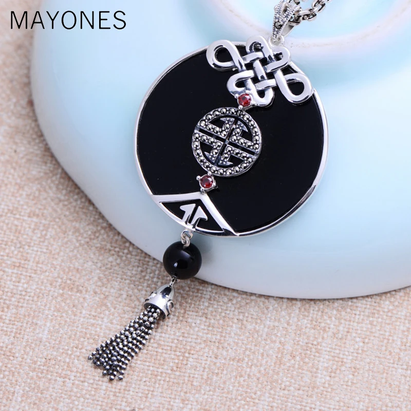 MAYONES Real 925 Sterling Silver Tassel Pendant Love knot Black Onyx Natural Stone Pendant Women Jewelry Bijuterias