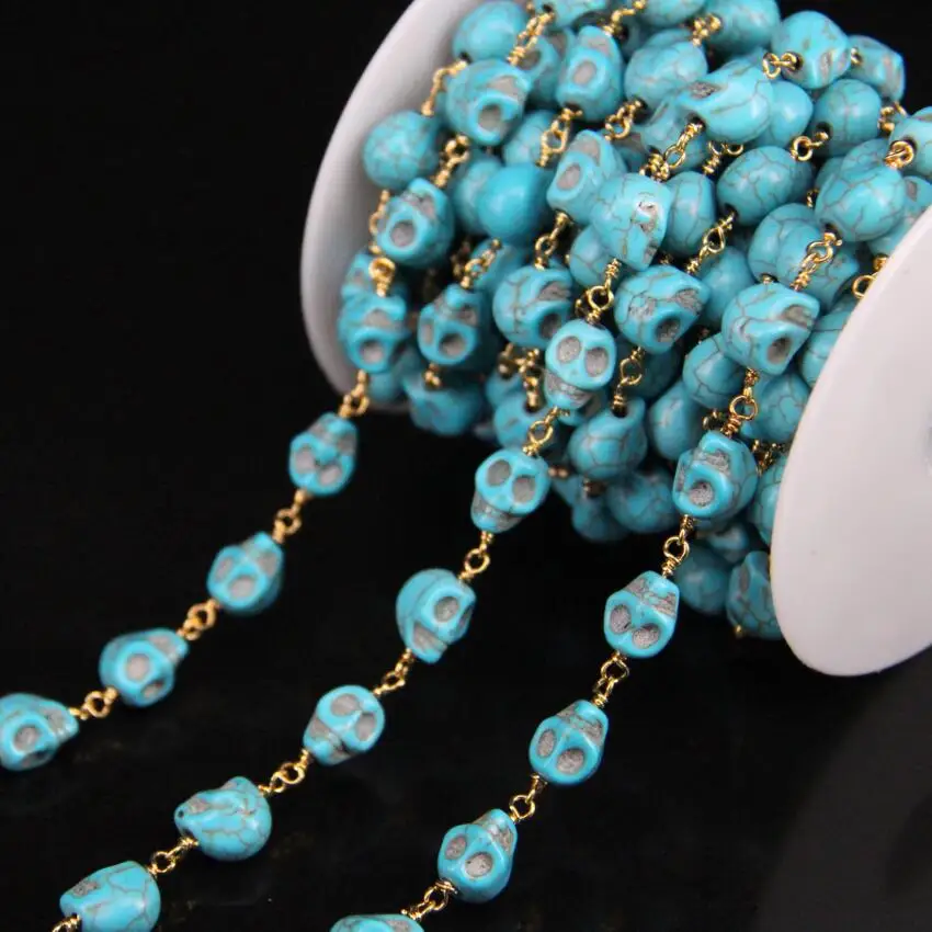 

5Meter/lot,8x10mm Size Skull Blue Turquoises Rosary Chain,Charm Turquoises Gold plate Wire Wrapped Chains Women sweater chain