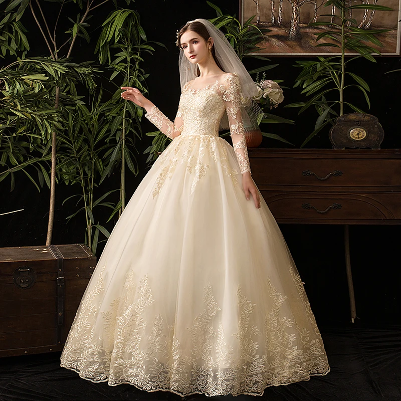 2024 vestidos de casamento muçulmano champanhe manga cheia renda nupcial novo vestido de baile de luxo vestido de noiva personalizado