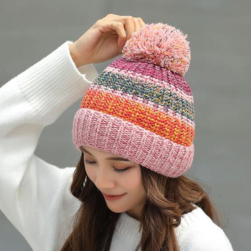 New Winter Hat For Women Ski Women\'s Cap Rainbow Colorful Wool Knitted Hat With Pompoms Female Warm Hat Skullies Beanies