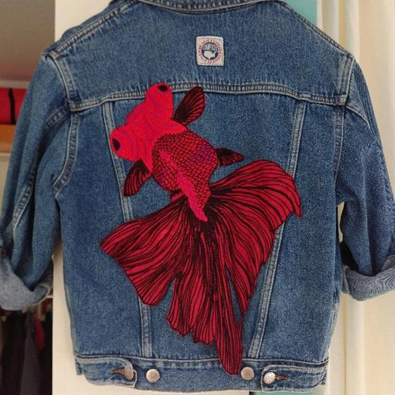 1PC 38*35 Big Fish Embroidered Patches Sewing for Clothes Applique Diy Accessory Suppliers Sticker Lace Neckline collar NL079