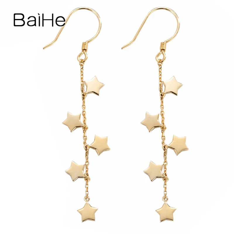 BAIHE Real Solid 18K Yellow Gold Wedding Engagement Star earrings for women Ear Hook Trendy Party Fine Jewelry серьги aretes