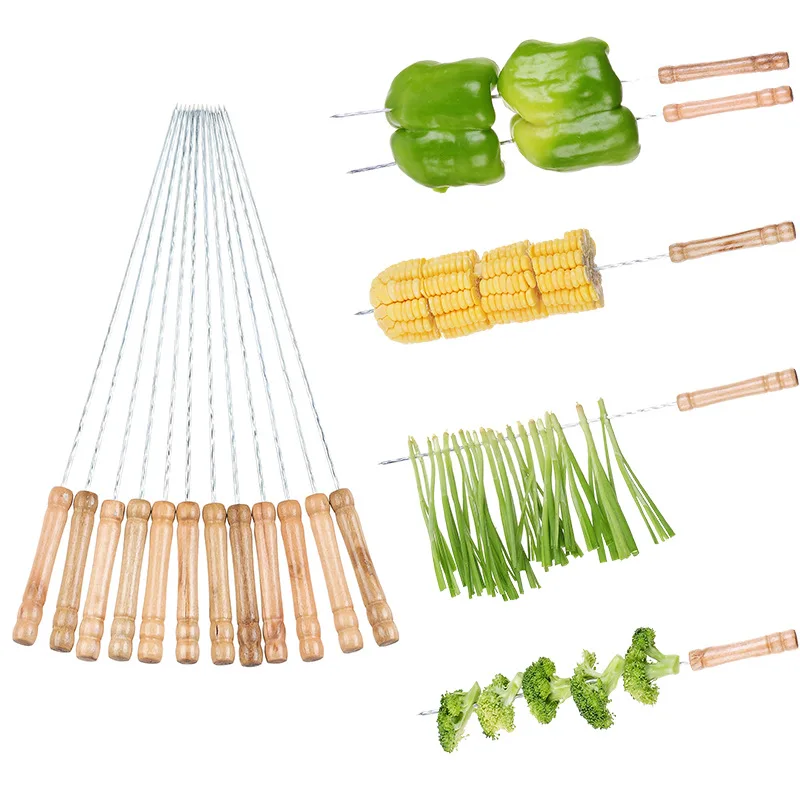 Stainless Steel BBQ Skewers kabob Meat Prod Wooden Handle Skewer Long Grill Sticks Outdoor Camping BBQ Tools 30cm 12pcs/pack