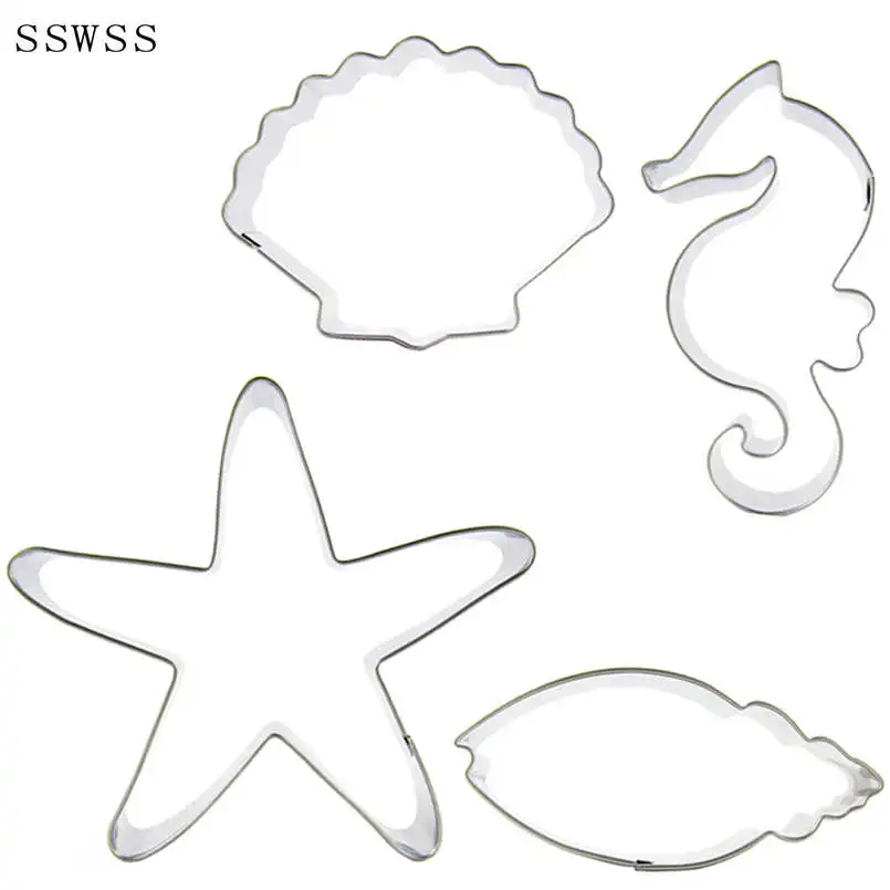 4 Seabed Organisms,Conch,Sea Horse,Shell,Starfish,Cookie Cutter Baking Molds,Cake Decorating Fondant Tools