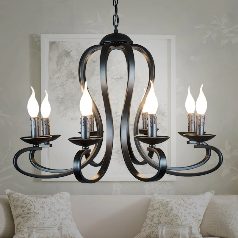 Vintage Wrought Iron Chandelier E14 Candle Holder Black White Iron Lighting Lamp American Country Style Ceiling Light Fixture