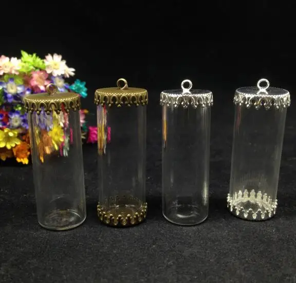 100pcs 40*15mm mix color one side open tube jars glass vial pendant with crown tray glass wishing bottle necklace diy glass dome