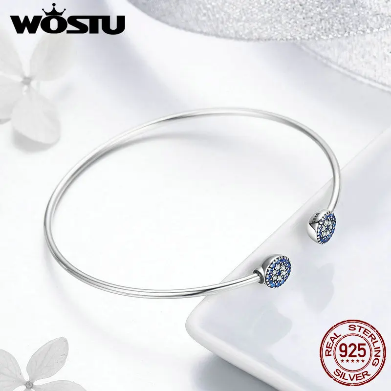 WOSTU Genuine 925 Sterling Silver Lucky Blue Eyes Blue CZ Open Cuff Bangle & Bracelet For Women Luxury Silver Jewelry CQB058